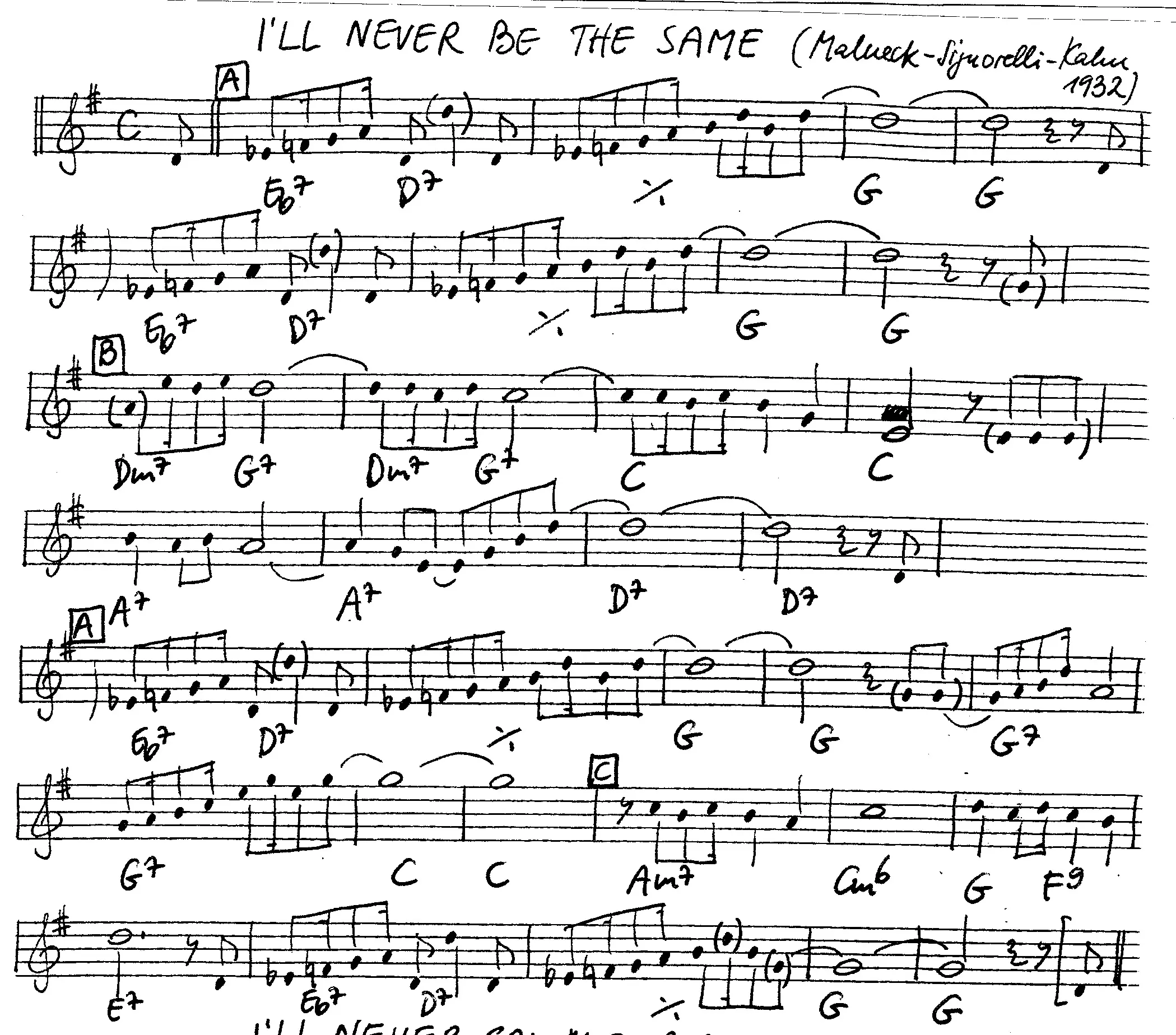 i'll never be the same free jazz leadsheet - Courtesy of the Jungle Jazz Band